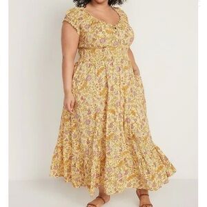 Old Navy | Butter Yellow Floral Maxi Dress XXL Cottage Sundress Peasant Smocked